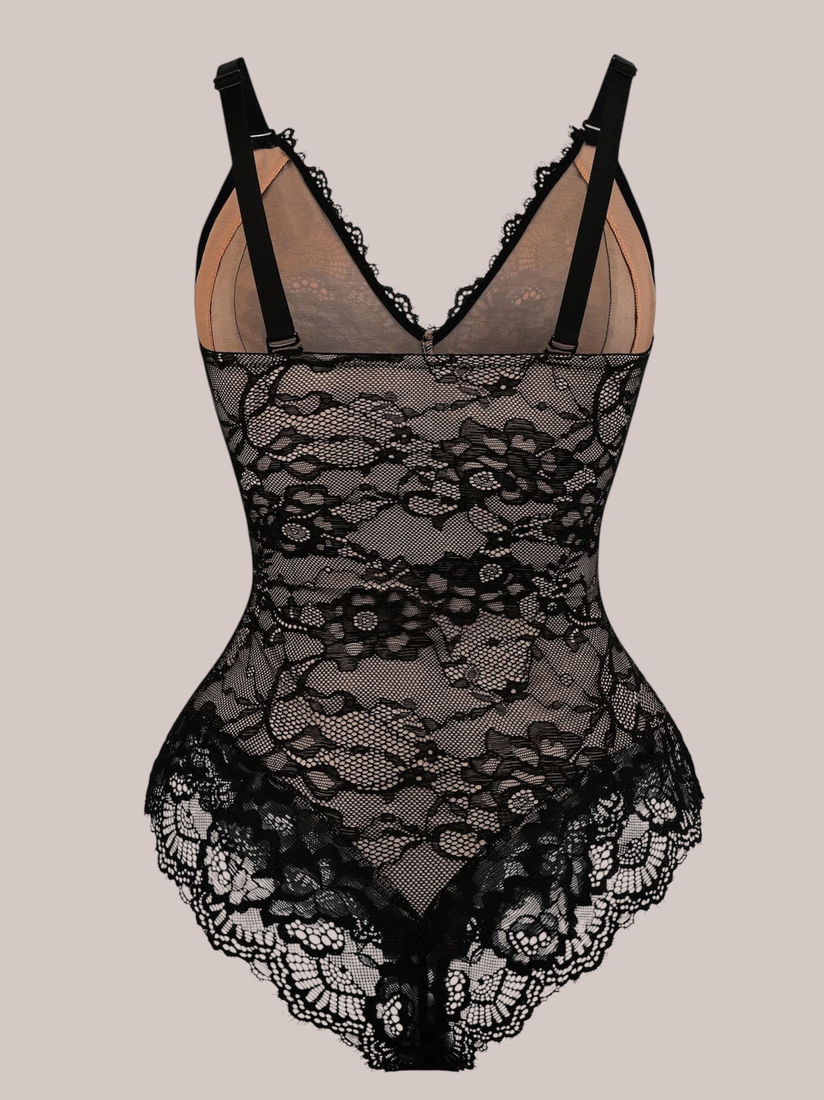 Inshapewear™ black lace bodysuit with a V-neckline, adjustable straps, and sheer nude lining.