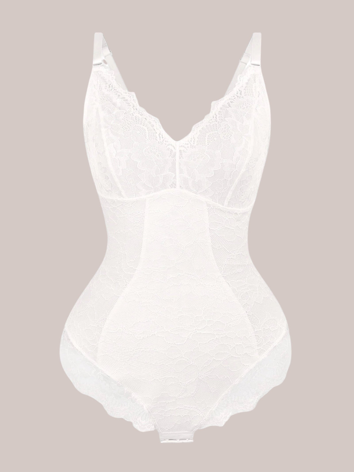 Inshapewear™ white lace bodysuit featuring a flattering V-neckline and adjustable straps for a feminine silhouette.