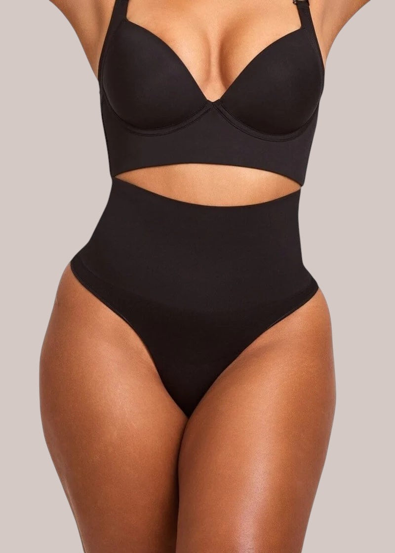 Inshapewear™ black high-waisted shaping thong providing tummy control and a seamless silhouette