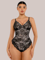 Inshapewear™ black lace bodysuit with a V-neckline and adjustable spaghetti straps on a model