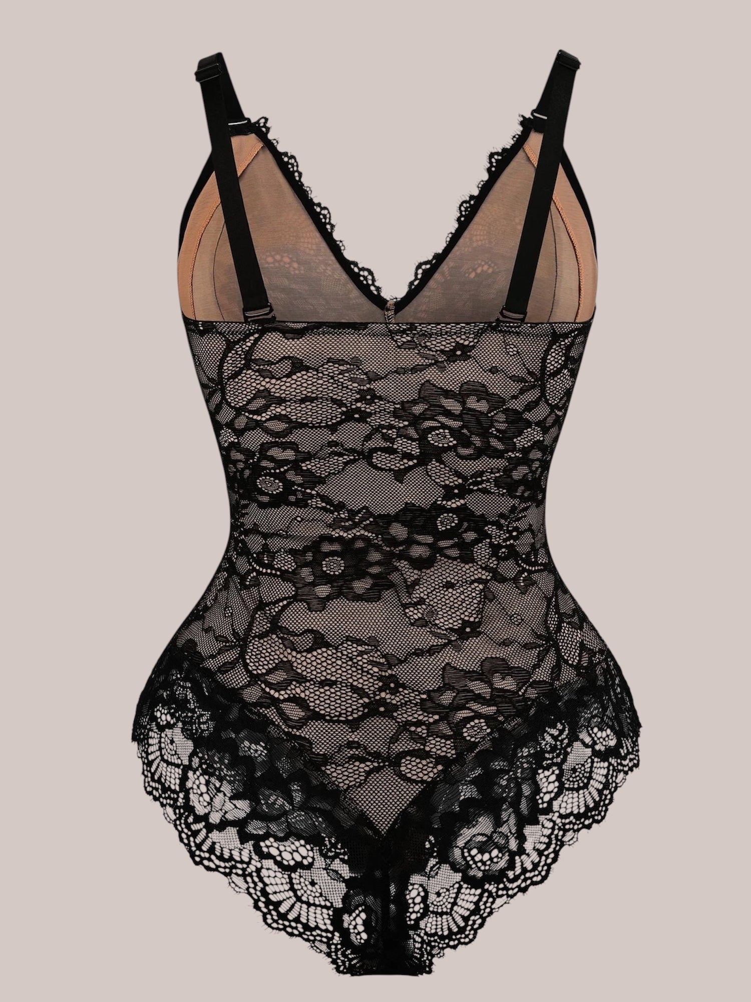 Inshapewear™ black lace bodysuit with a V-neckline, adjustable straps, and sheer nude lining.