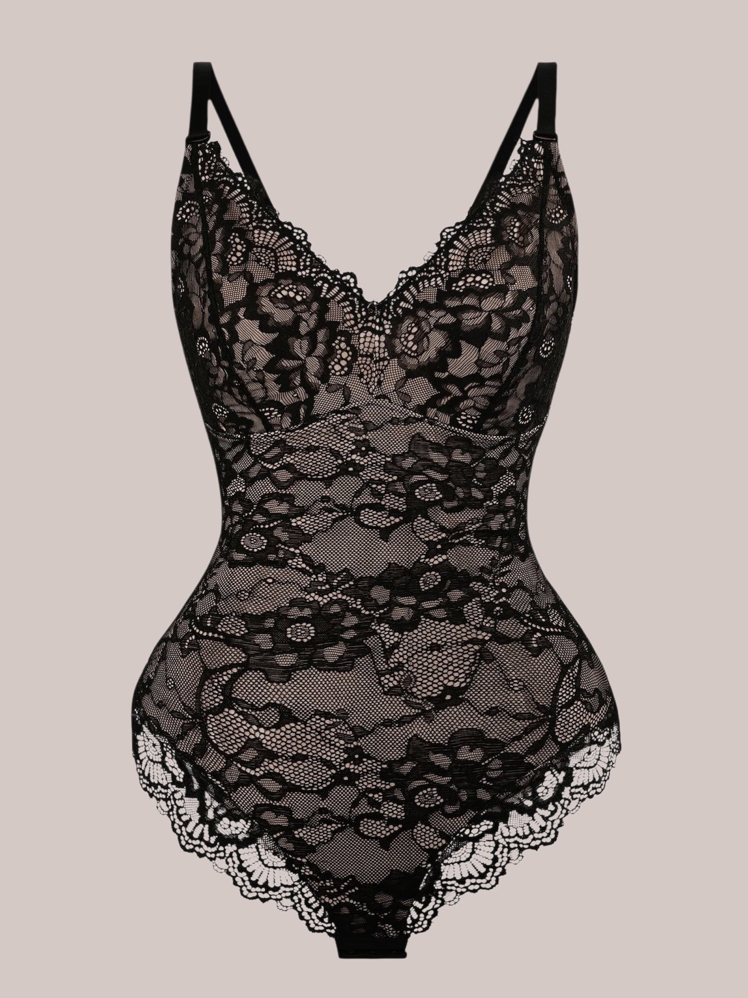 Inshapewear™ black lace bodysuit with a V-neckline and adjustable straps, featuring intricate floral patterns.