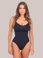 Inshapewear™ black sculpting bodysuit with targeted compression for a smooth silhouette and comfortable fit.