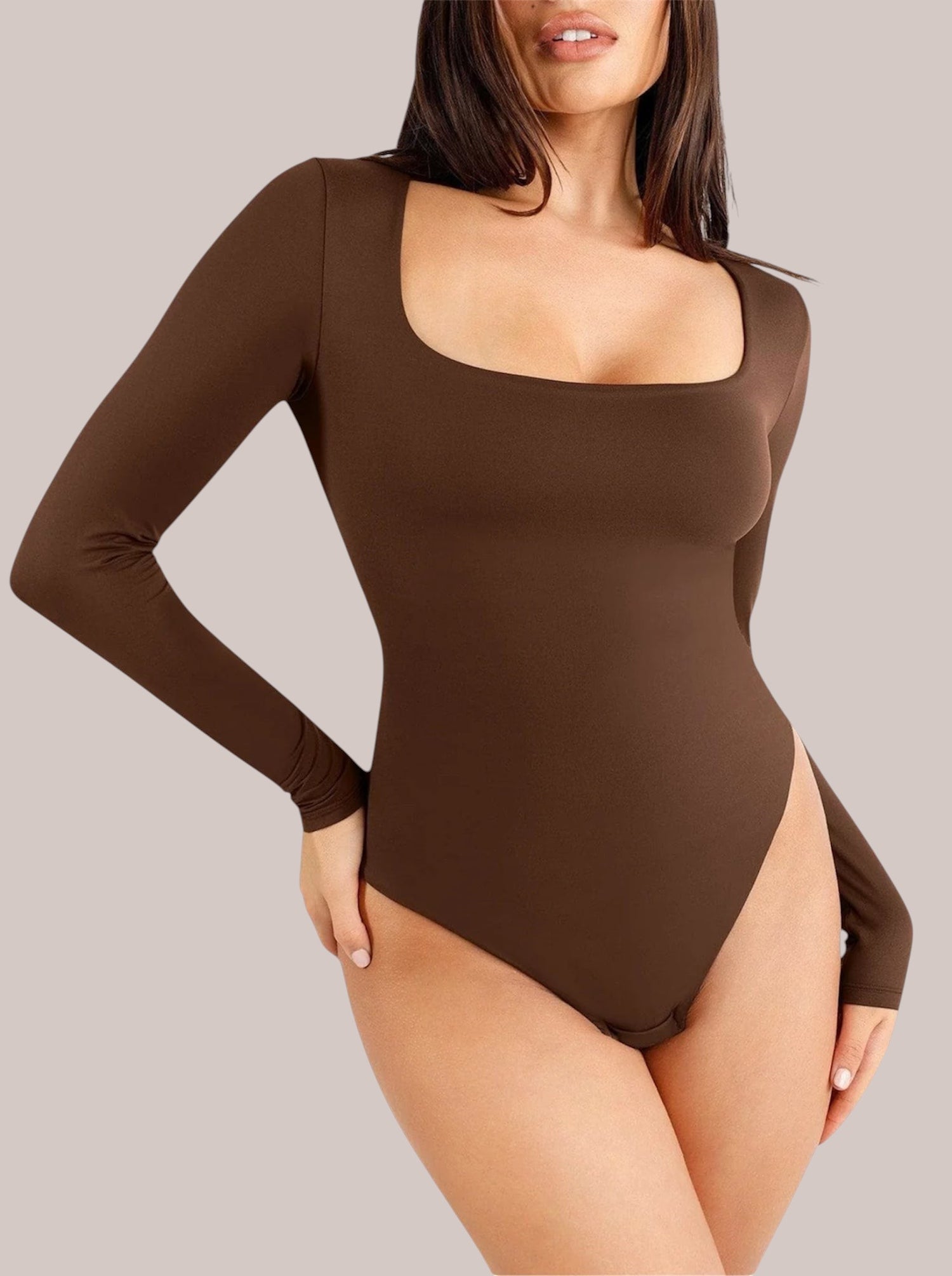 Inshapewear™ brown long-sleeve shaping bodysuit with a square neckline, featuring a smooth, second-skin fit.