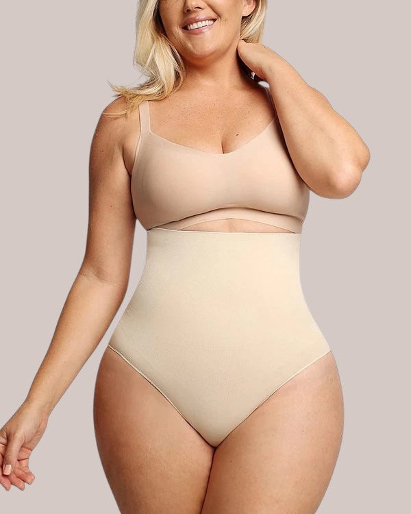 Inshapewear™ high-waisted beige shaping panty providing firm tummy control and a seamless silhouette on a model