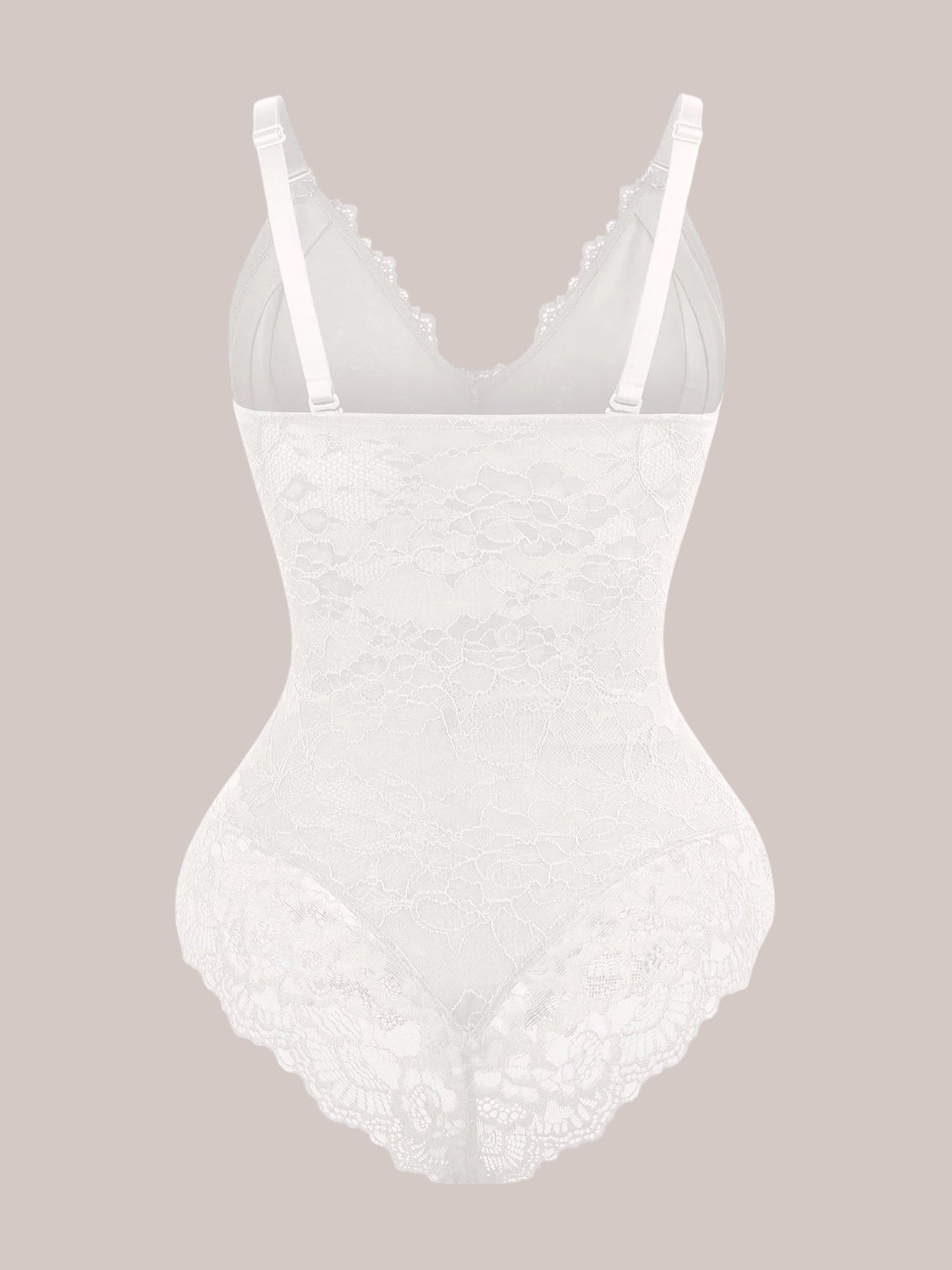 Inshapewear™ white lace bodysuit with a V-neckline and adjustable straps, featuring a delicate floral pattern.