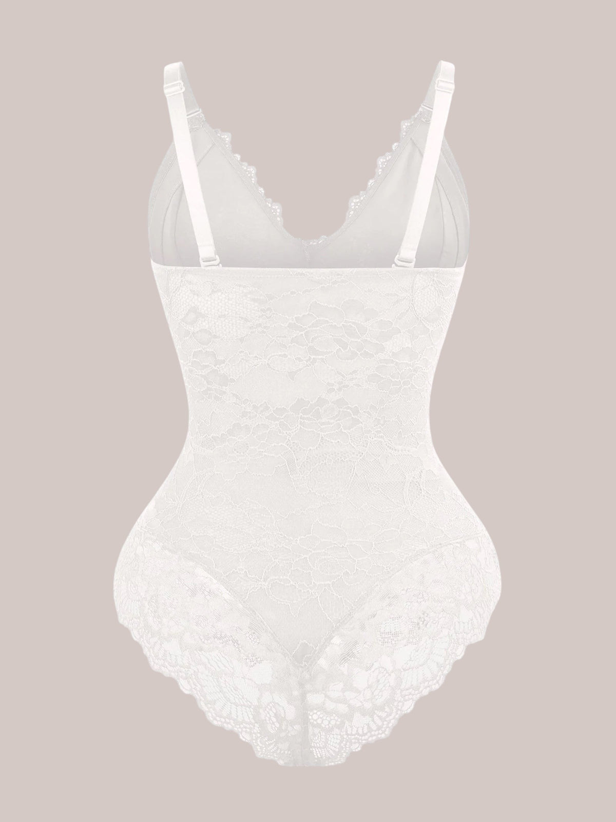 Inshapewear™ white lace bodysuit with a V-neckline and adjustable straps, featuring a delicate floral pattern.