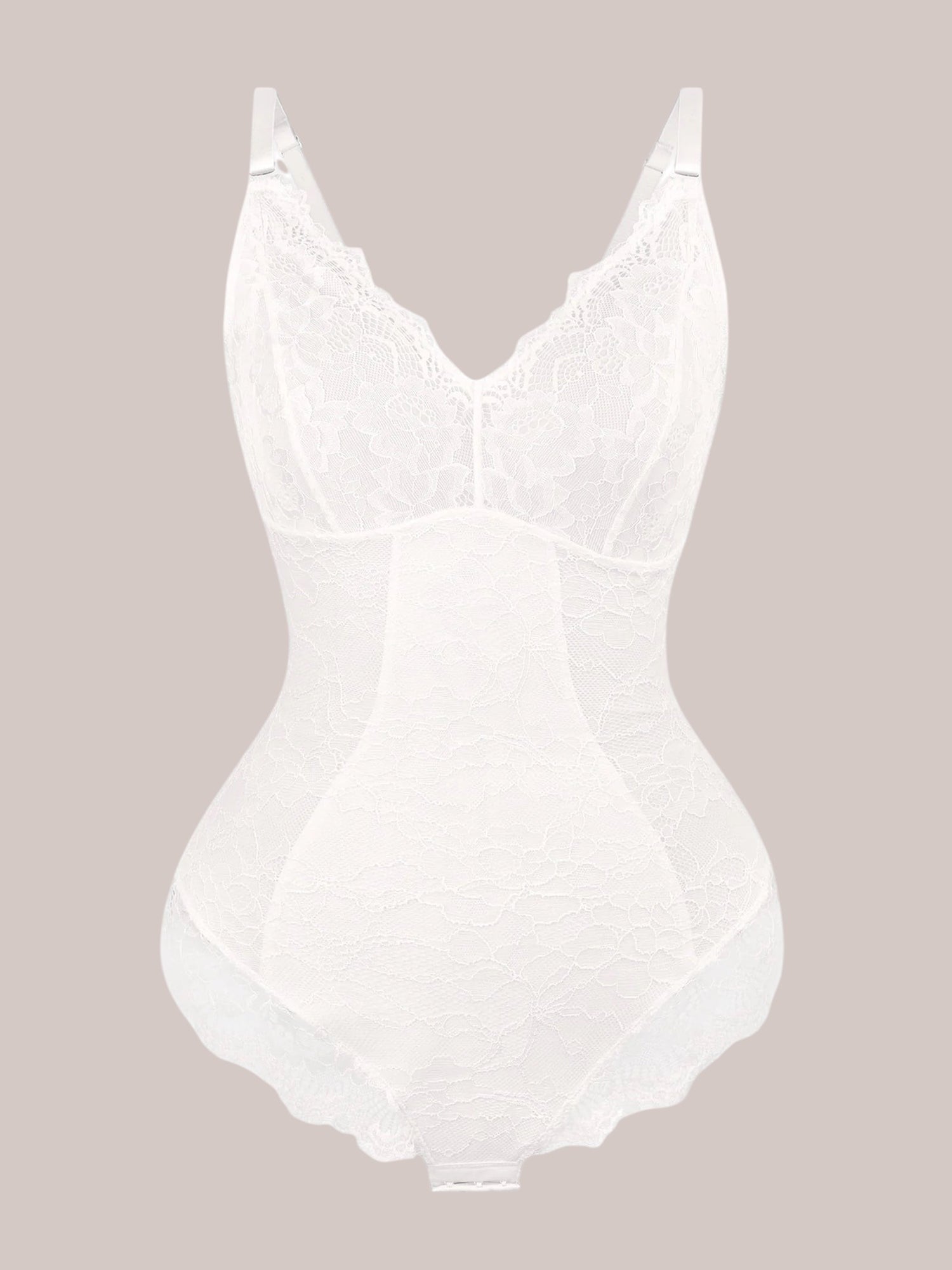 Inshapewear™ white lace bodysuit featuring a flattering V-neckline and adjustable straps for a feminine silhouette.